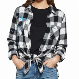 Justice Size 20 Black White Plaid Flannel Button Down Paint Splatter Top shirt